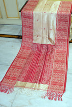 Premium Quality Assamese Nakshi Motif Inspired Handwoven Work on Tussar Silk Saree in Parmesan and Red