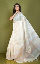 Premium Quality Designer Handwoven Work Tussar Silk Saree in Albescent White, Antique Golden, Silver and Copper