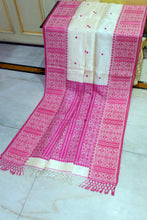 Premium Quality Assamese Nakshi Motif Inspired Handwoven Work on Tussar Silk Saree in Floral White and Hot Pink