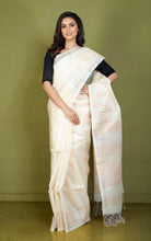 Premium Quality Designer Handwoven Work Tussar Silk Saree in Albescent White, Antique Golden, Silver and Copper