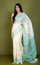 Premium Quality Designer Handwoven Work Tussar Silk Saree in Antique White, Picton Blue, Mantis Green and Khaki Green