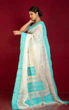 Premium Quality Tussar Silk Bomkai Saree in Off White and Common Teal with Nakshi Woven Thread Work