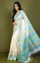 Premium Quality Designer Handwoven Work Tussar Silk Saree in Antique White, Picton Blue, Mantis Green and Khaki Green