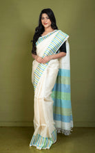 Premium Quality Designer Handwoven Work Tussar Silk Saree in Antique White, Picton Blue, Mantis Green and Khaki Green