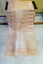 Deluxe Quality Handwoven Tussar Jamdani Silk Saree in Sorrell Brown, Silver and Copper