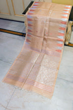 Deluxe Quality Handwoven Tussar Jamdani Silk Saree in Sorrell Brown, Silver and Copper