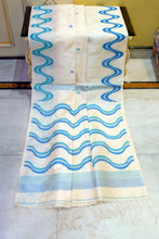 Finest Quality Designer Ivory Handwoven Tussar Silk Saree with Aqua & Royal Blue Wave Design and Tassel Border