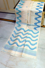 Finest Quality Designer Ivory Handwoven Tussar Silk Saree with Aqua & Royal Blue Wave Design and Tassel Border
