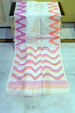 Finest Quality Designer Ivory Handwoven Tussar Silk Saree with Pink & Coral Wave Design and Tassel Border