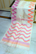 Finest Quality Designer Ivory Handwoven Tussar Silk Saree with Pink & Coral Wave Design and Tassel Border
