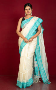 Premium Quality Tussar Silk Bomkai Saree in Off White and Common Teal with Nakshi Woven Thread Work