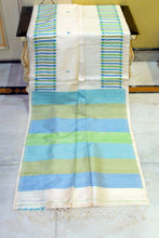 Premium Quality Designer Handwoven Work Tussar Silk Saree in Antique White, Picton Blue, Mantis Green and Khaki Green