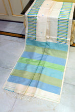 Premium Quality Designer Handwoven Work Tussar Silk Saree in Antique White, Picton Blue, Mantis Green and Khaki Green
