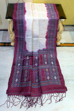 Premium Quality Color Dyed Tussar Silk Needle Karat Nakshi Work Saree in Cream, Wine Berry and Metallic Blue