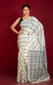 Premium Quality Tussar Silk Handwoven Karat Work Saree in Antique White and Black