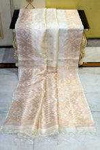Premium Quality Woven Needle Karat Nakshi Work Tussar Silk Saree in Spanish White, Matt Silver and Antique Golden