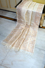 Premium Quality Woven Needle Karat Nakshi Work Tussar Silk Saree in Spanish White, Matt Silver and Antique Golden