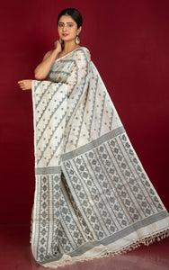 Premium Quality Tussar Silk Handwoven Karat Work Saree in Antique White and Black