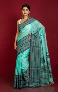 Premium Quality Tussar Silk Mahapar Nakshi Work Saree in Turquoise Green, Black and Off White