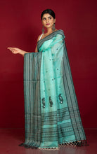Premium Quality Tussar Silk Mahapar Nakshi Work Saree in Turquoise Green, Black and Off White