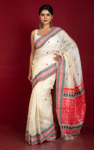 Premium Quality Tussar Silk Bomkai Saree in Off White, Red and Black with Nakshi Woven Thread Work