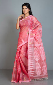 Handloom Tussar Silk Jamdani Saree in Raspberry Red, Off White and Gold