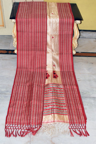 Premium Quality Tussar Silk Mahapar Nakshi Work Saree in Parmesan, Red and Black