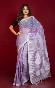 Handloom Tussar Silk Jamdani Saree in Lavender, Off White and Gold