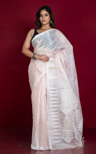 Handloom Tussar Silk Jamdani Saree in Frosted Pink, Off White and Gold