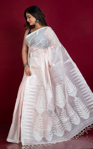 Handloom Tussar Silk Jamdani Saree in Frosted Pink, Off White and Gold