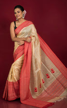 Premium Quality Tussar Silk Mahapar Nakshi Work Saree in Beige, Red and Black