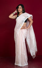 Handloom Tussar Silk Jamdani Saree in Frosted Pink, Off White and Gold