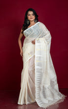 Handloom Tussar Silk Jamdani Saree in Pearl White, Off White and Gold