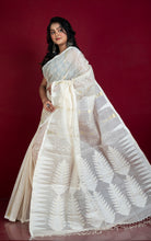 Handloom Tussar Silk Jamdani Saree in Pearl White, Off White and Gold