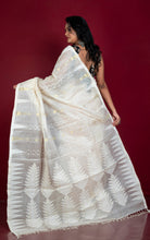 Handloom Tussar Silk Jamdani Saree in Pearl White, Off White and Gold