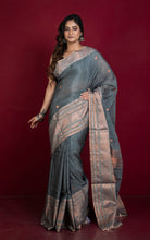 Handwoven Tussar Cotton Silk Banarasi Katan Saree in Metallic Grey and Copper