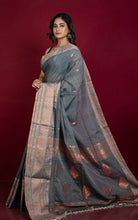 Handwoven Tussar Cotton Silk Banarasi Katan Saree in Metallic Grey and Copper