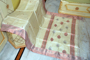 Premium Quality Tussar Silk Bomkai Saree in Cream with Copper and Silver Zari Nakshi Work