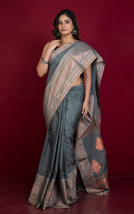 Handwoven Tussar Cotton Silk Banarasi Katan Saree in Metallic Grey and Copper