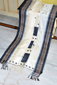 Premium Quality Tussar Silk Bomkai Nakshi Work Saree in Off White, Black and Beige