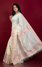 Handwoven Tussar Cotton Silk Banarasi Katan Saree in Off White and Copper