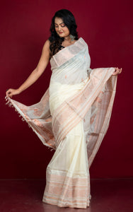 Handwoven Tussar Cotton Silk Banarasi Katan Saree in Off White and Copper