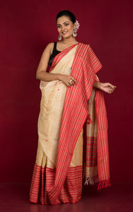 Premium Quality Tussar Silk Mahapar Nakshi Work Saree in Beige, Red and Black