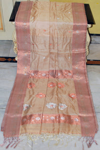 Premium Quality Tussar Silk Bomkai Saree in Biscotti with Copper and Silver Zari Nakshi Work