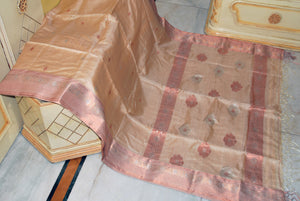 Premium Quality Tussar Silk Bomkai Saree in Biscotti with Copper and Silver Zari Nakshi Work