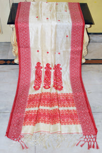 Premium Quality Tussar Silk Bomkai Nakshi Work Saree in Off White, Red and Beige
