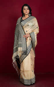 Premium Quality Tussar Silk Woven Warli Nakshi Work Saree in Beige and Black