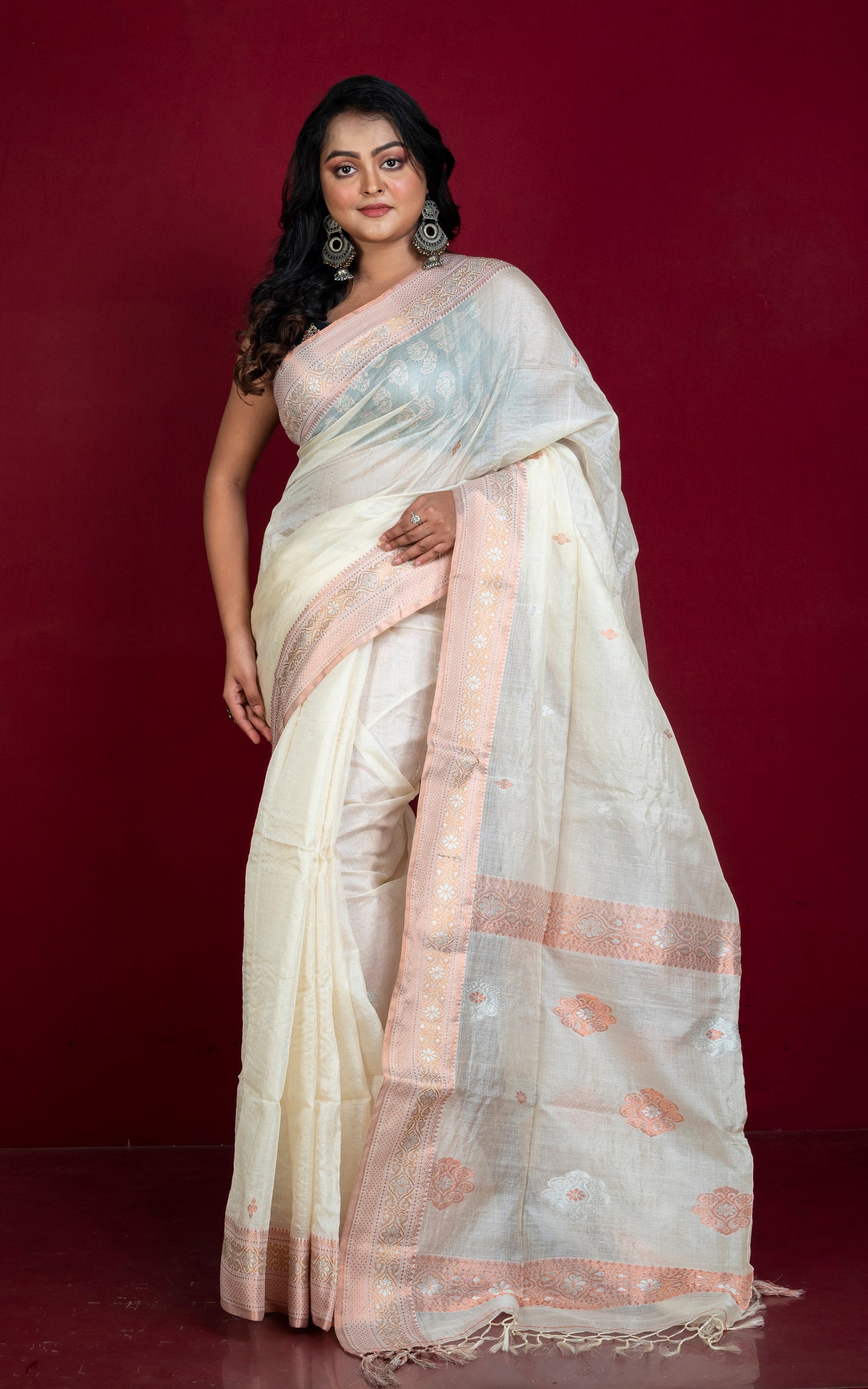 Premium Quality Tussar Silk Bomkai Saree in Cream with Copper and Silver Zari Nakshi Work