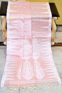 Handloom Tussar Silk Jamdani Saree in Frosted Pink, Off White and Gold