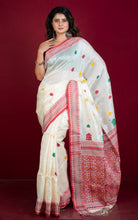 Premium Quality Tussar Silk Nakshi Work Saree in Off White, Red, Green and Bright Yellow